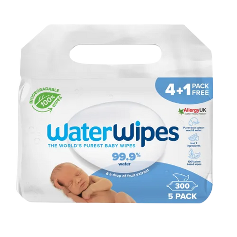 Waterwipes Biodegradable, Sensitive Newborn Bioegradable Baby Wipes (4+1 pack) 4x60 + 60 Free Wipes
