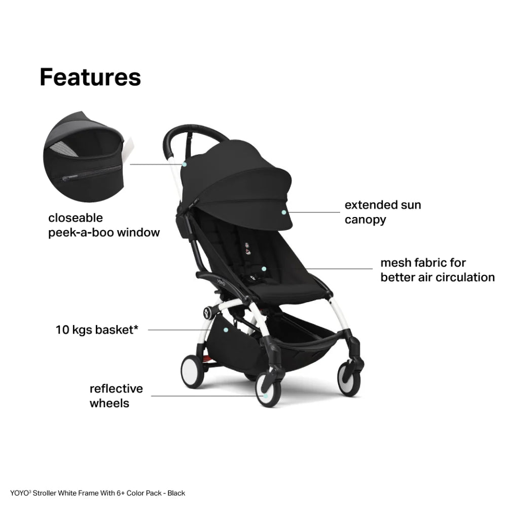 Babyzen Stroller YOYO³ with 6+ Color Pack - White Frame - Black