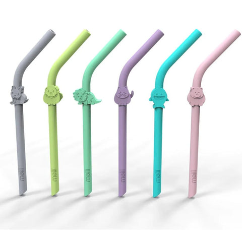 Silicone Animal Straws- Set of 6 with Cleaning Brush Multicolored
