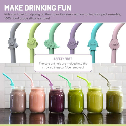 Silicone Animal Straws- Set of 6 with Cleaning Brush Multicolored