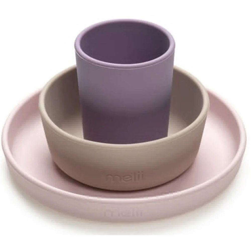 3 Piece Silicone Feeding Set Purple, grey, pink