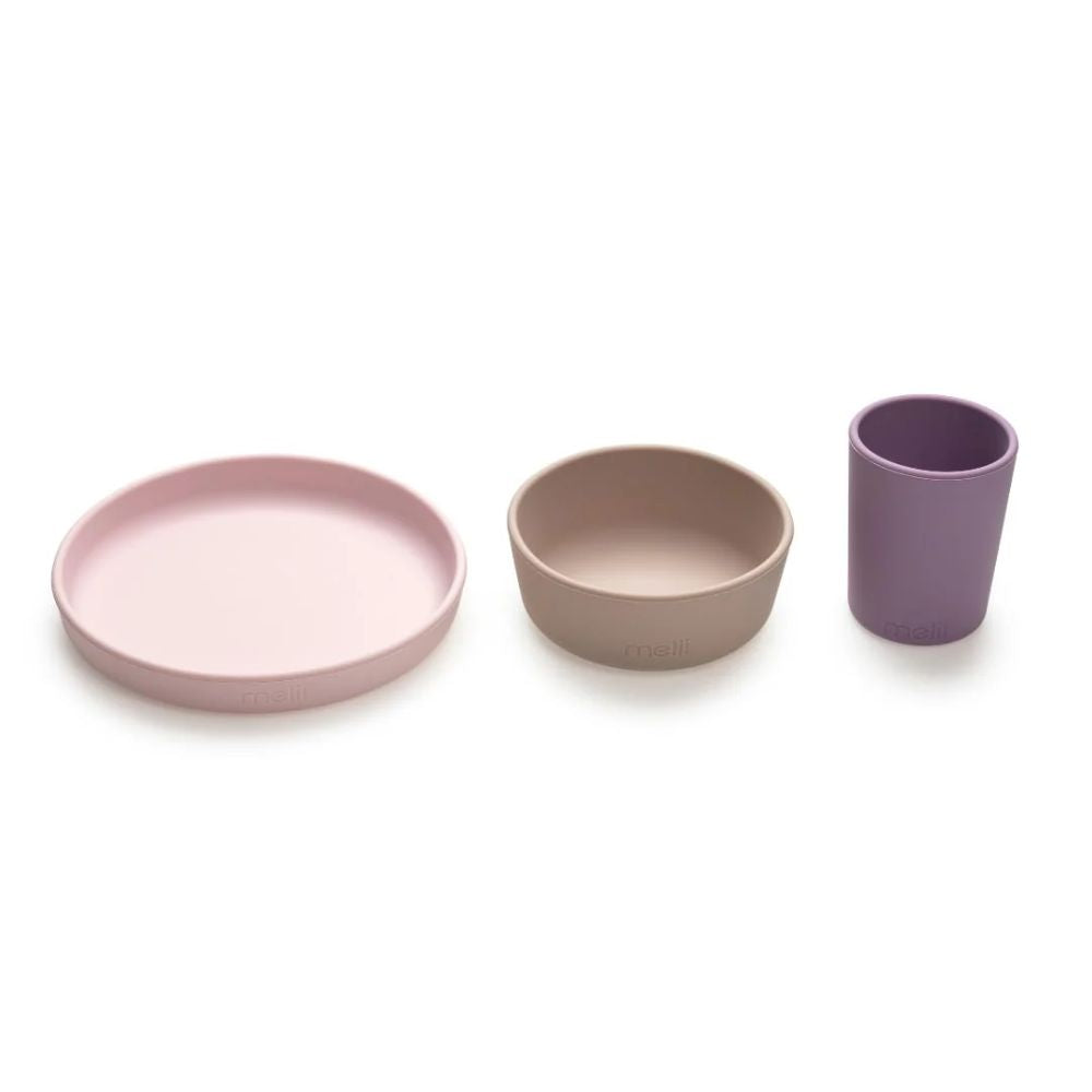 3 Piece Silicone Feeding Set Purple, grey, pink