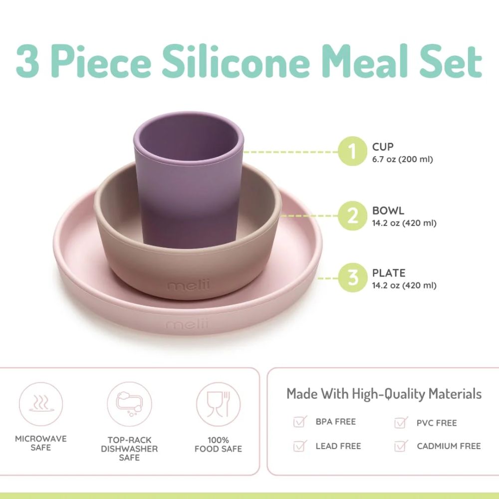 3 Piece Silicone Feeding Set Purple, grey, pink