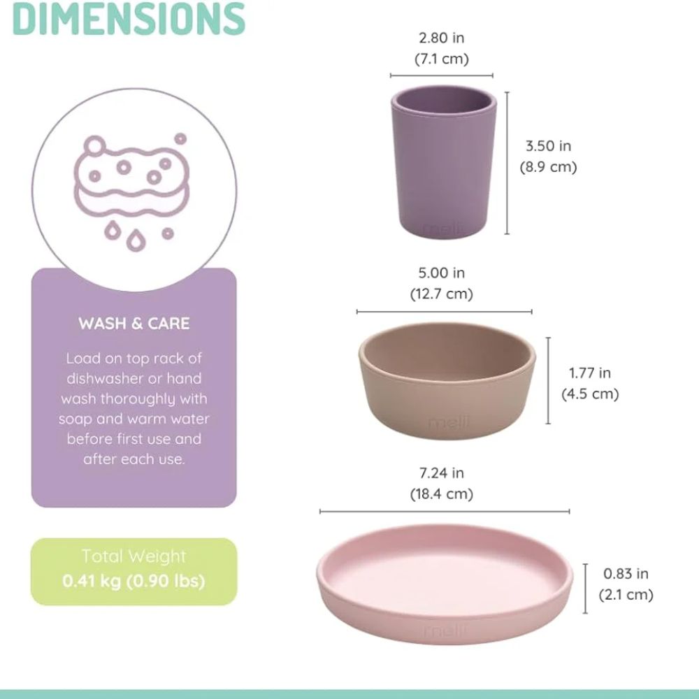 3 Piece Silicone Feeding Set Purple, grey, pink