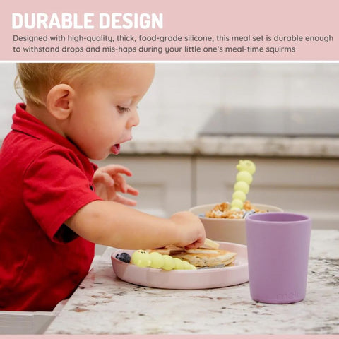 3 Piece Silicone Feeding Set Purple, grey, pink
