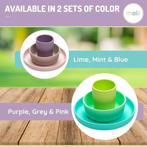 3 Piece Silicone Feeding Set Purple, grey, pink