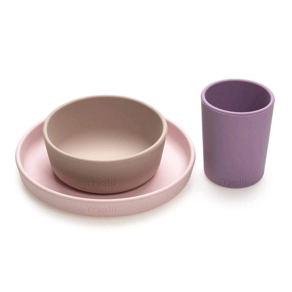 3 Piece Silicone Feeding Set Purple, grey, pink