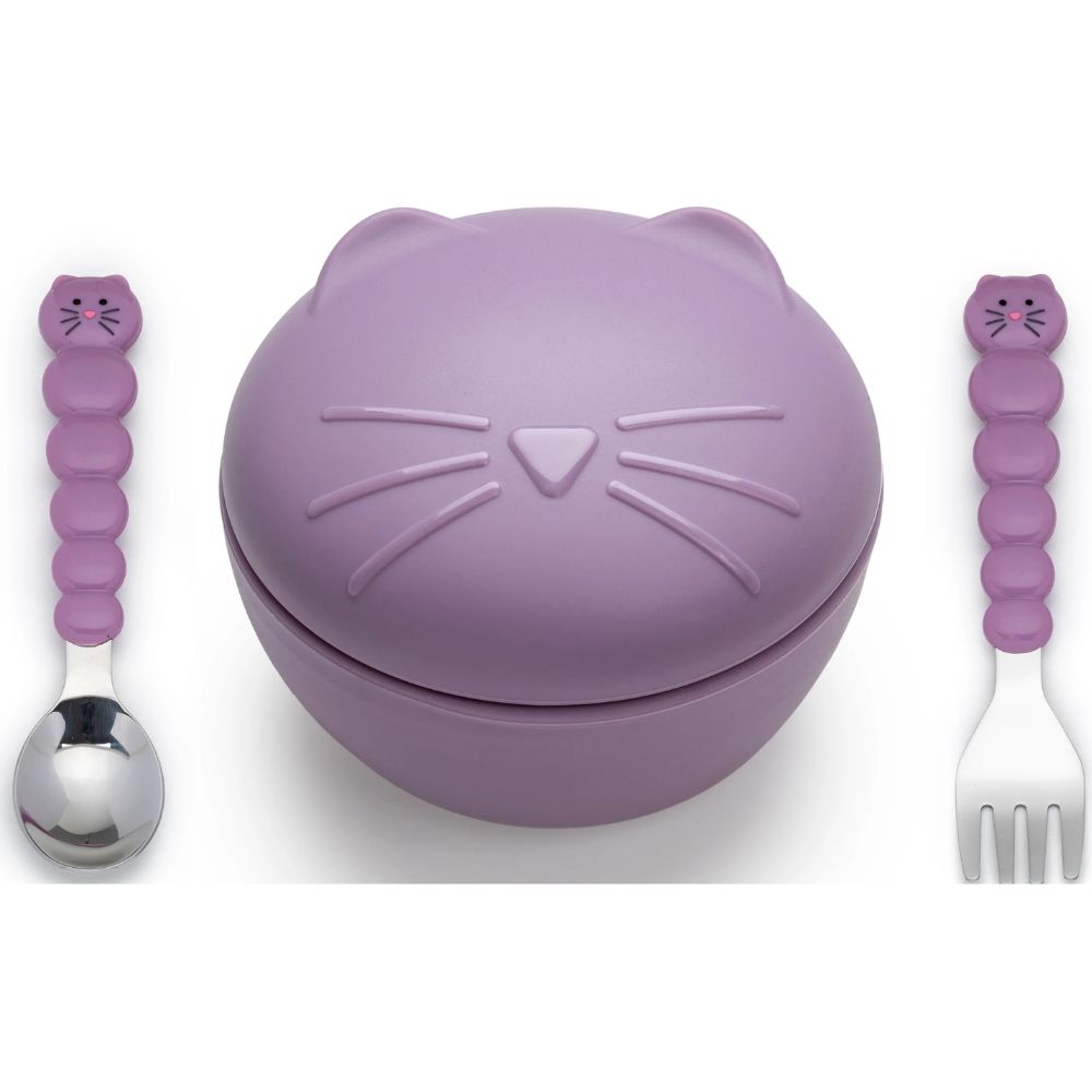 Silicone Bowl with Lid & Utensils Cat- Purple