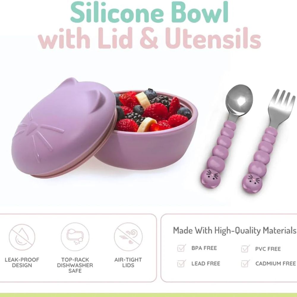 Silicone Bowl with Lid & Utensils Cat- Purple
