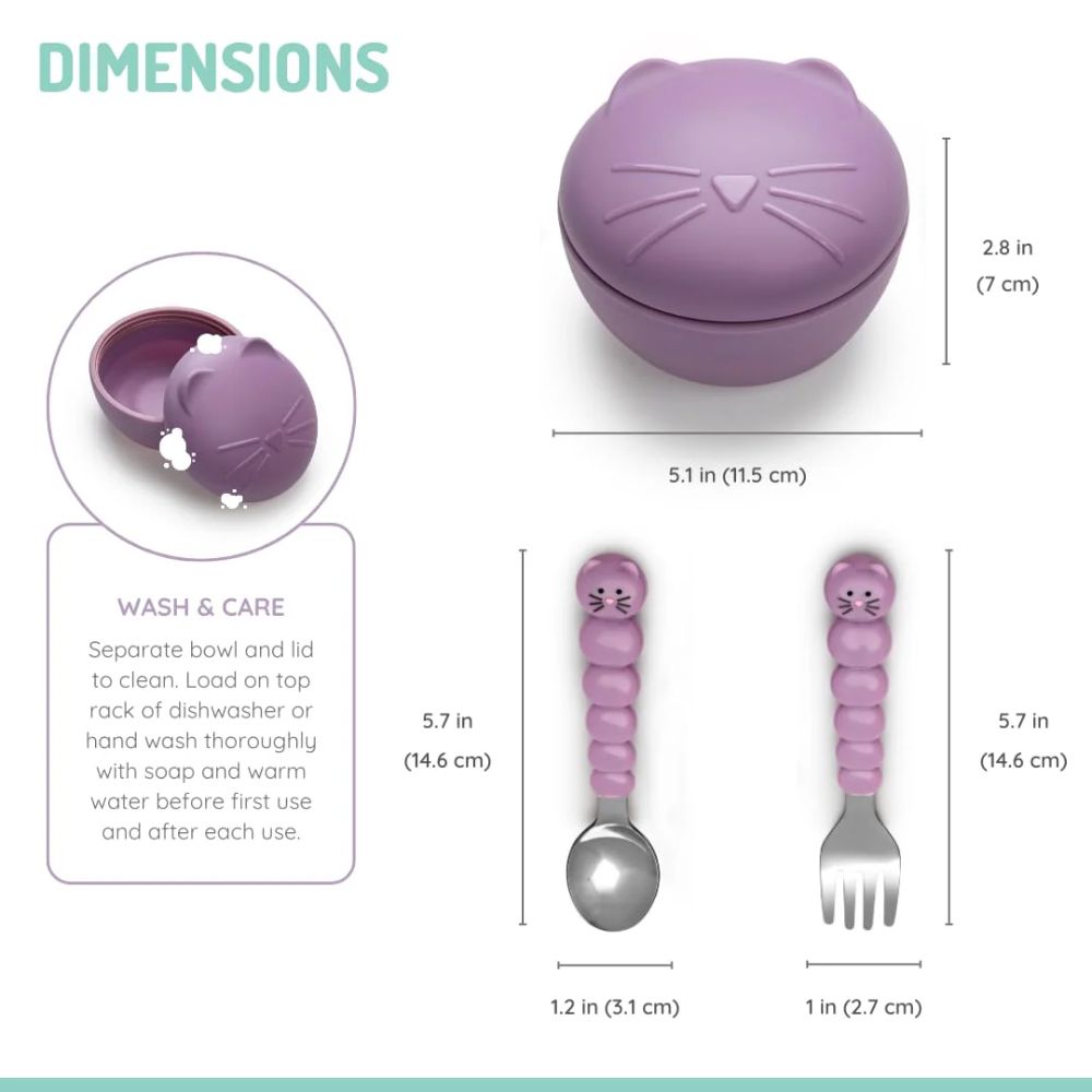 Silicone Bowl with Lid & Utensils Cat- Purple