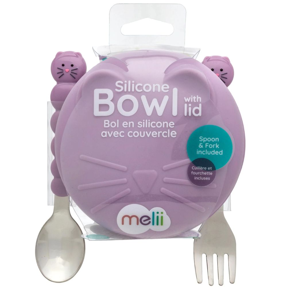 Silicone Bowl with Lid & Utensils Cat- Purple