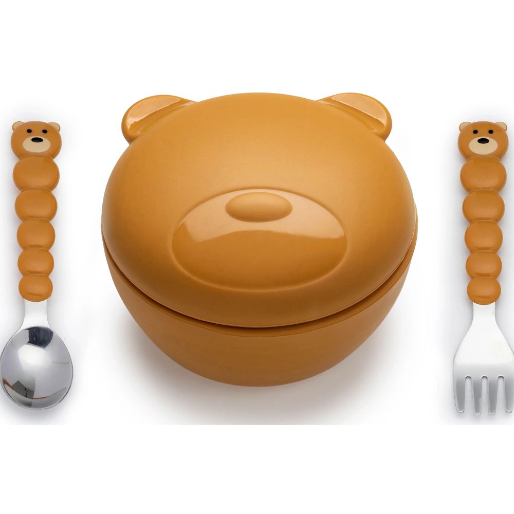 Silicone Bowl with Lid & Utensils- Bear Brown