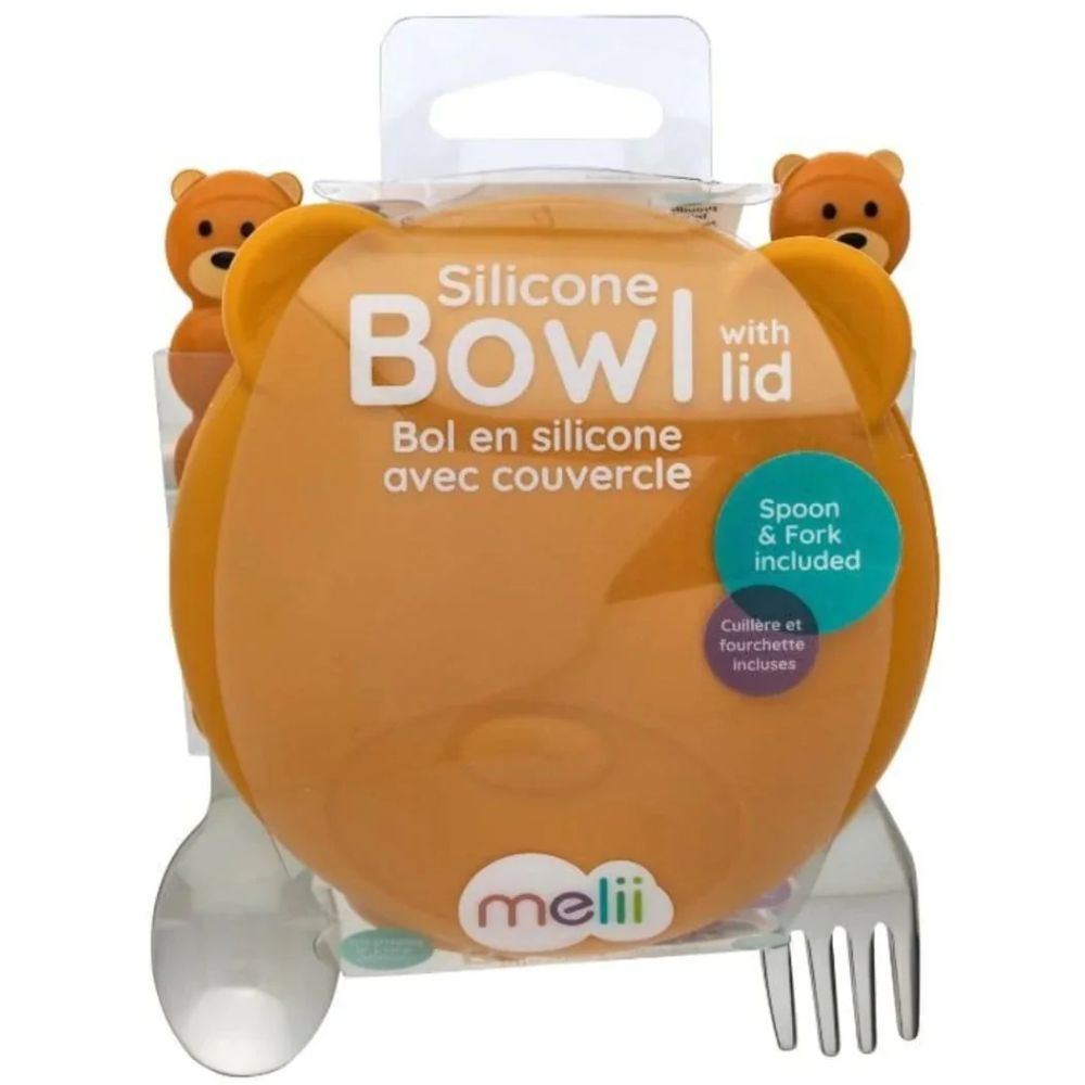Silicone Bowl with Lid & Utensils- Bear Brown