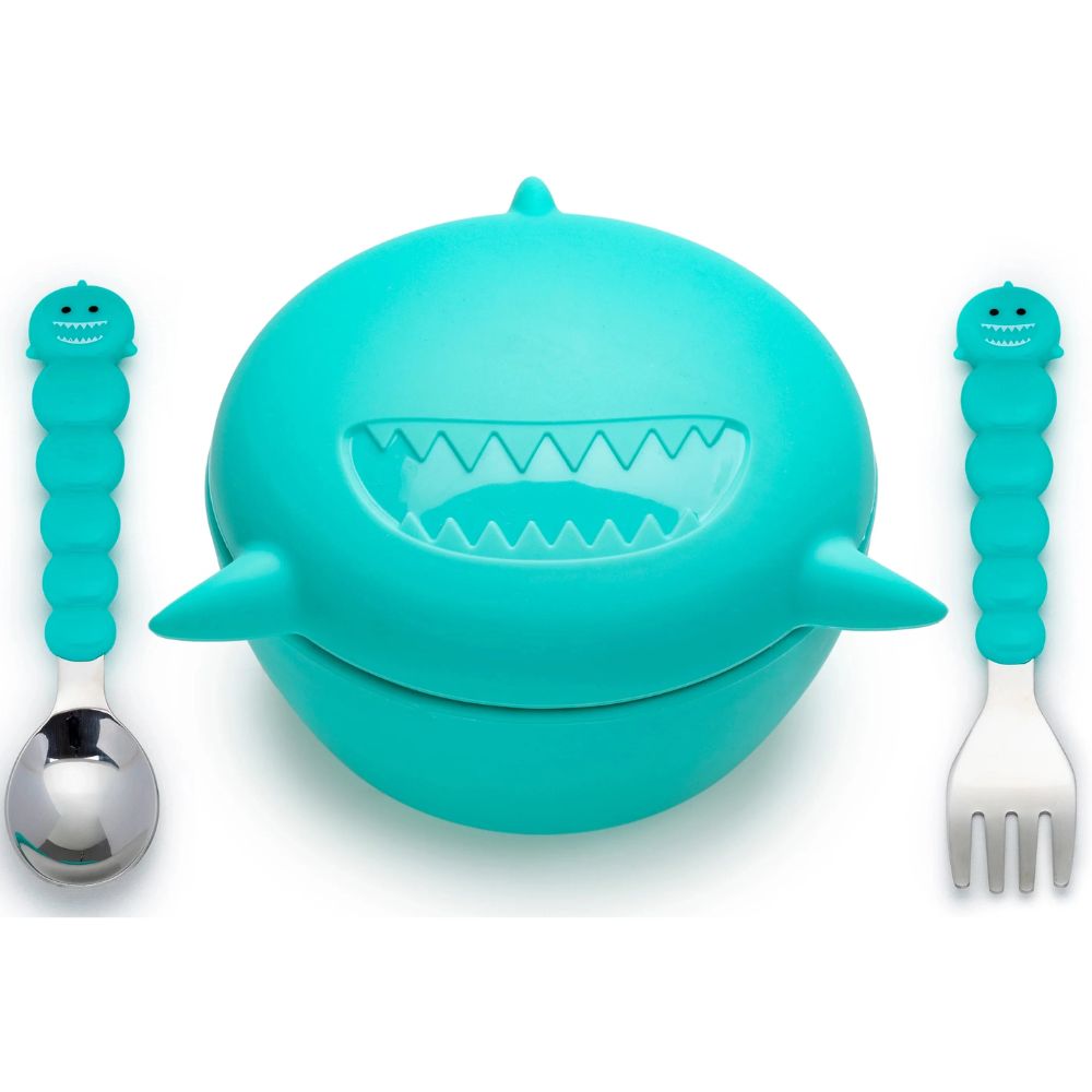 Silicone Bowl with Lid & Utensils- Shark Blue