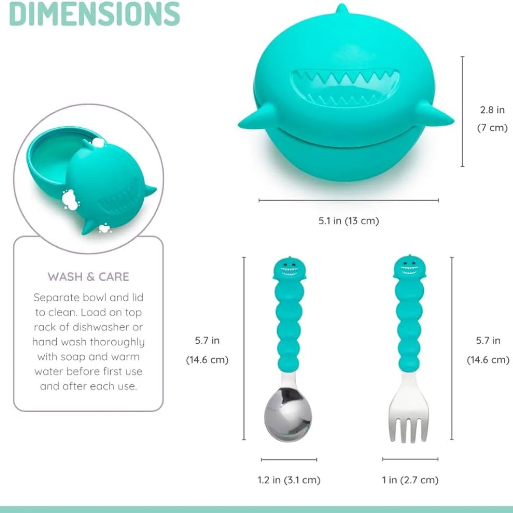 Silicone Bowl with Lid & Utensils- Shark Blue