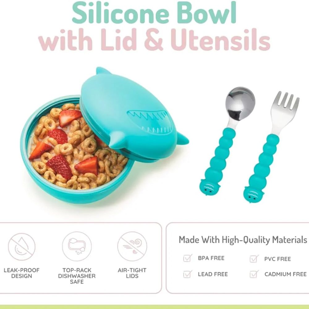 Silicone Bowl with Lid & Utensils- Shark Blue