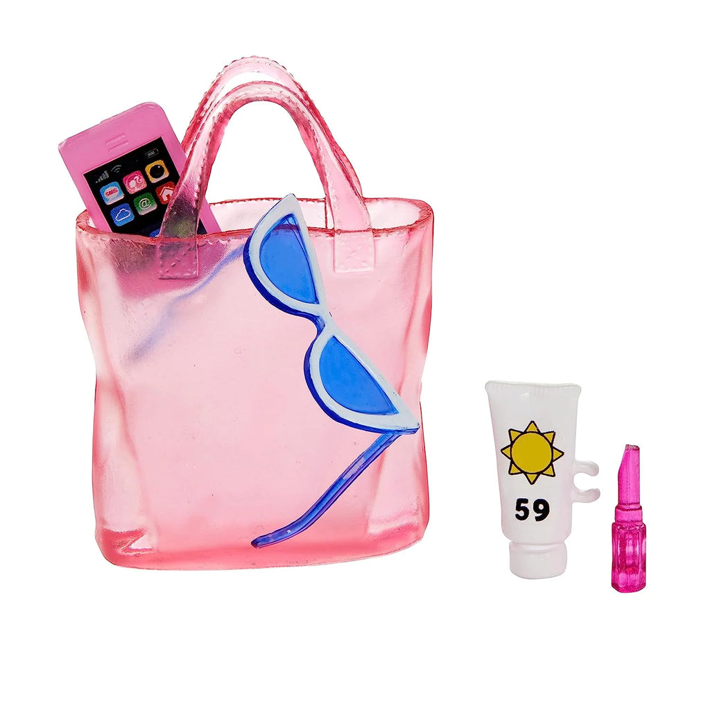 Barbie Blonde Doll with Pink and White Swimsuit, Sun Hat, Tote Bag and Beach-Themed Accessories