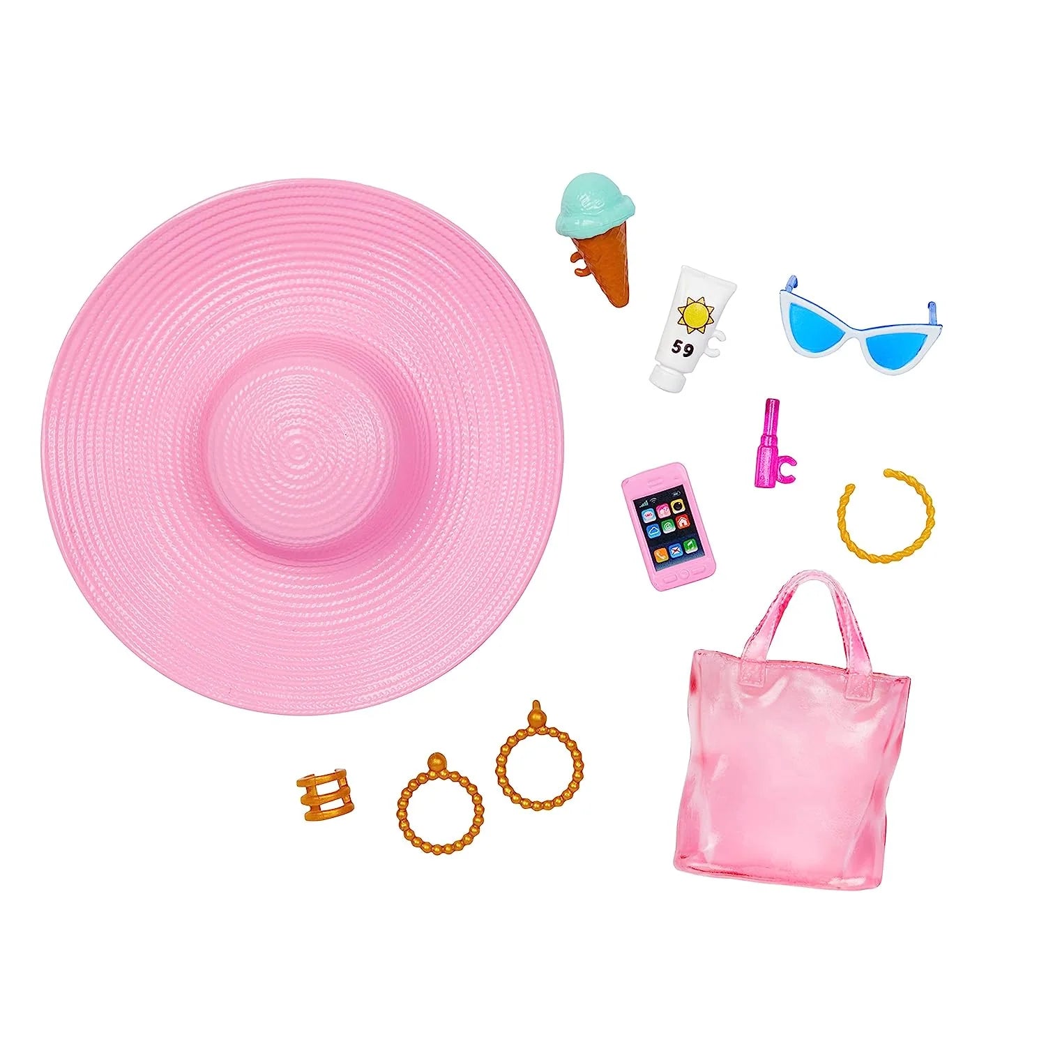 Barbie Blonde Doll with Pink and White Swimsuit, Sun Hat, Tote Bag and Beach-Themed Accessories