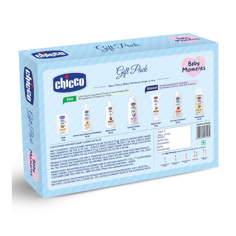 Chicco Baby Caring Blue New Born Gift Set-Pack Of 7-Gift For Baby Shower & Baby Birthday- Blue