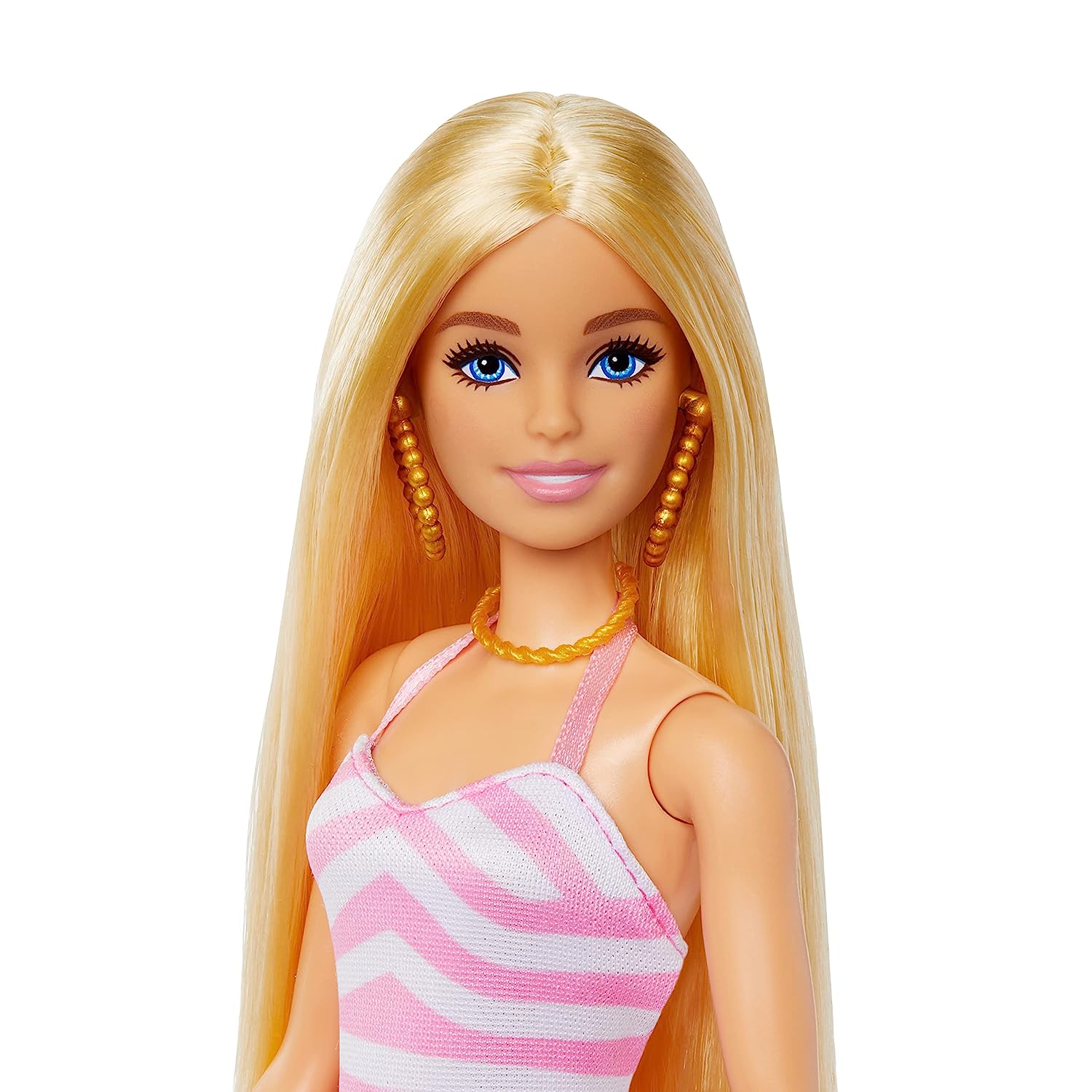 Barbie Blonde Doll with Pink and White Swimsuit, Sun Hat, Tote Bag and Beach-Themed Accessories
