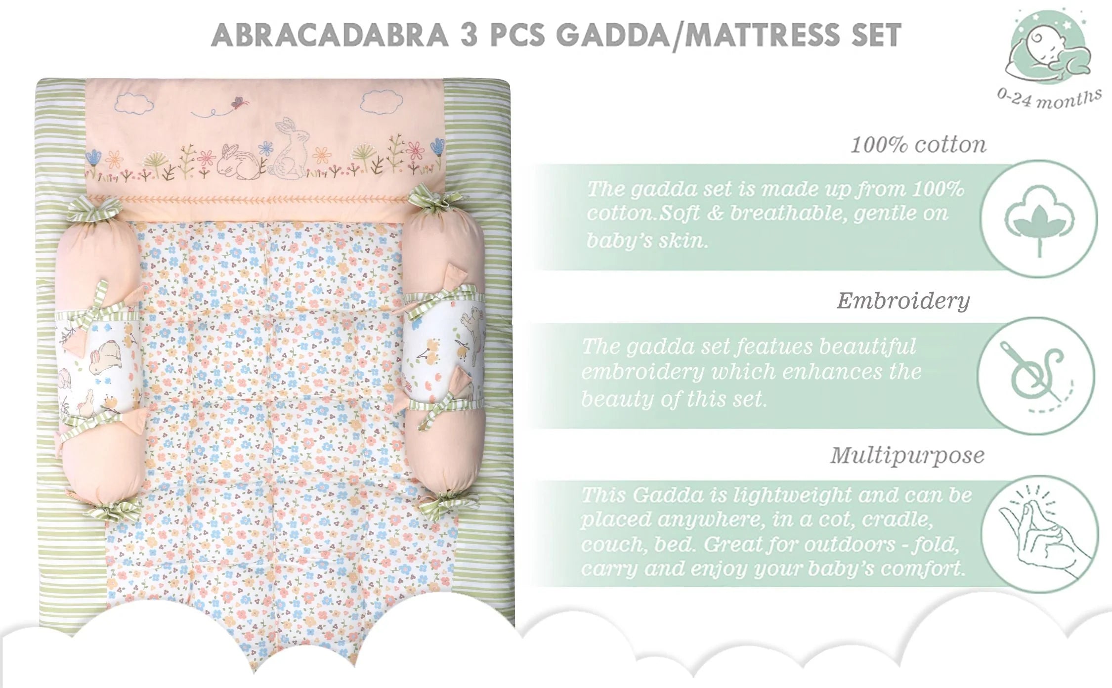 Abracadabra Gadda Set With Two Bolsters - Bunny Garden