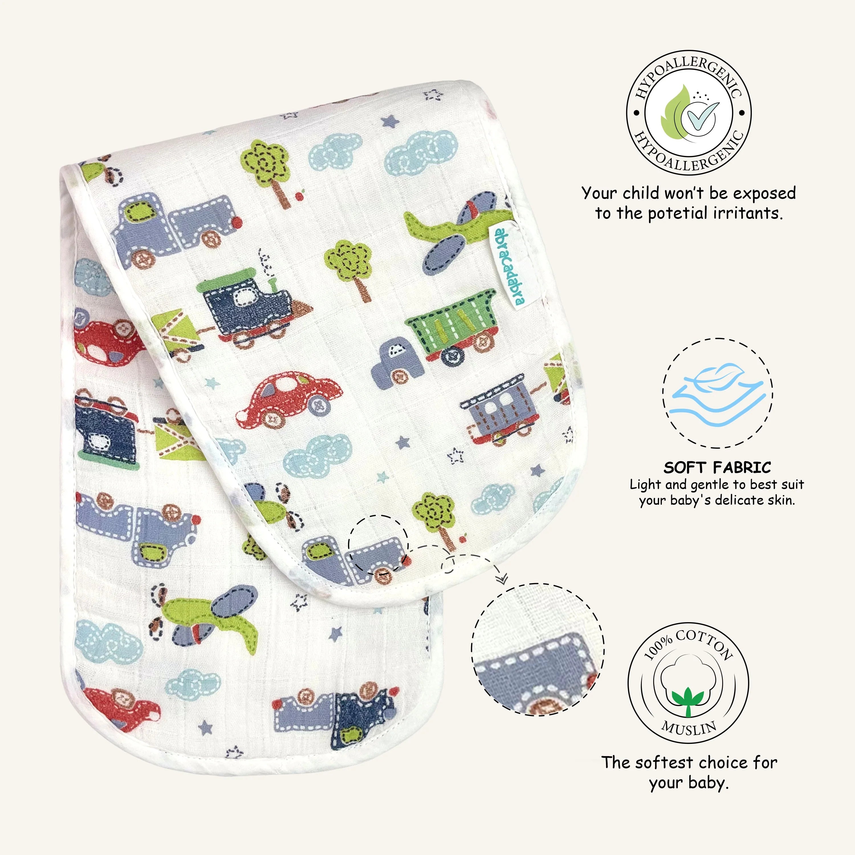 Abracadabra Muslin Burp Pad - Transport