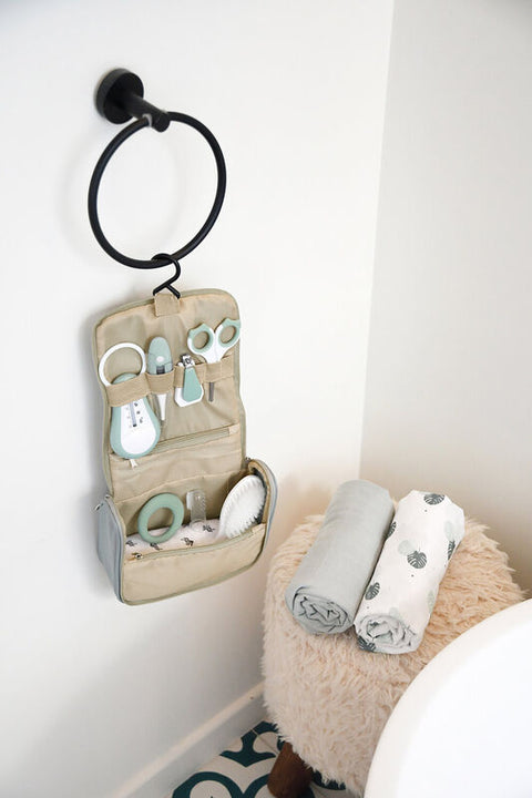 Grooming Kit - Hanging Toiletry Pouch with 9 Accessories - Sage Green