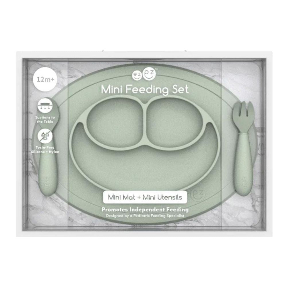 Mini Feeding Set for Toddlers (Mat, Spoon & Fork) - Sage