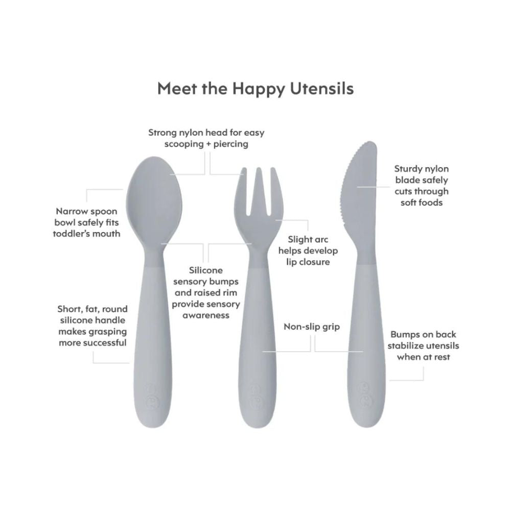 Happy Utensils for Preschoolers (Spoon, Fork & Knife) - Pewter