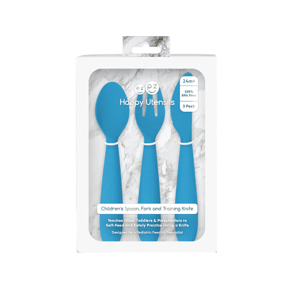 Happy Utensils for Toddlers(Spoon, Fork & Knife) - Blue