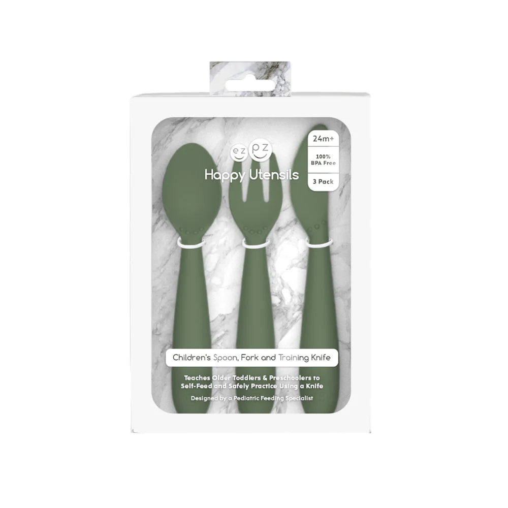 Happy Utensils for Toddlers(Spoon, Fork & Knife) - Olive