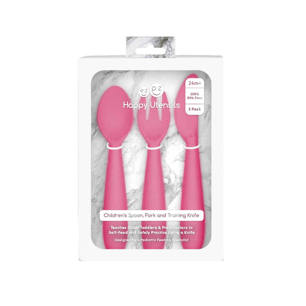 Happy Utensils for Toddlers(Spoon, Fork & Knife) - Pink