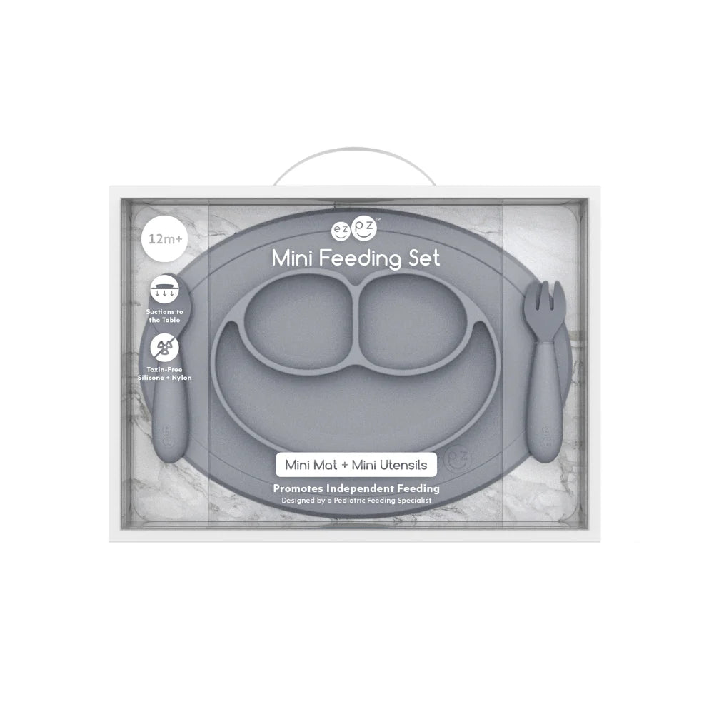Mini Feeding Set for Toddlers (Mat, Spoon & Fork) - Grey