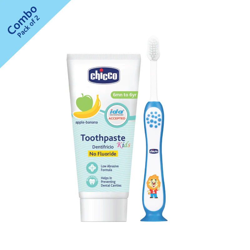 Chicco Combo- Toothbrush Blue Tooth Paste Apple Banana No Fluoride (6M-6Y) (50G)