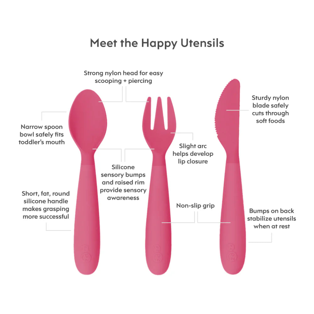 Happy Utensils for Toddlers(Spoon, Fork & Knife) - Pink