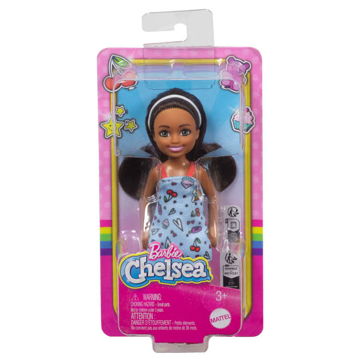 Barbie Chelsea Doll, Small Doll Blue Dress With Brown Hair & Green Eyes