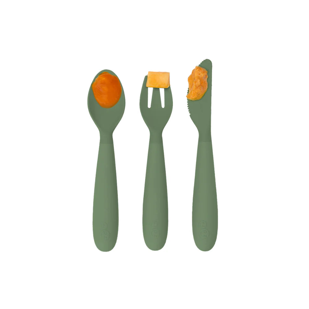 Happy Utensils for Toddlers(Spoon, Fork & Knife) - Olive